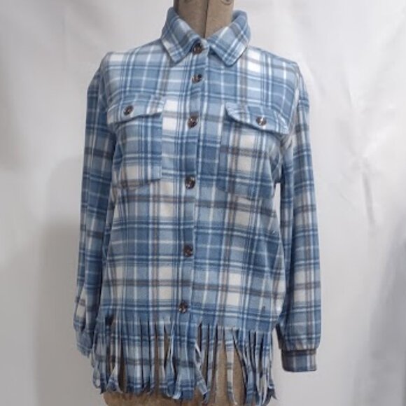 INNER CIRCLE SHIRT FLEECE BLUE WHITE BROWN PLAID FRONT BUTTON FRINGE HEM SIZE S - Picture 2 of 13